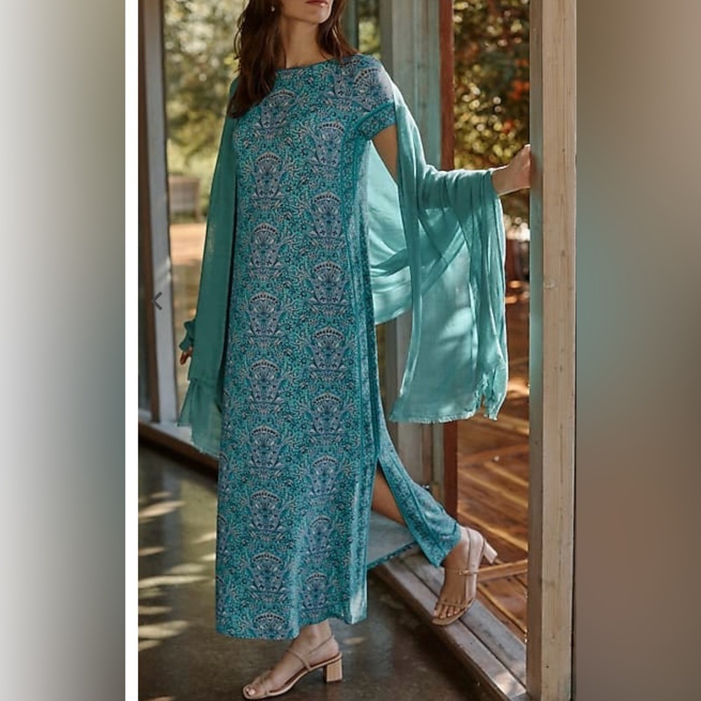 J. Jill Button back Maxi dress XS Petite in teal Paisley medallion border NEW